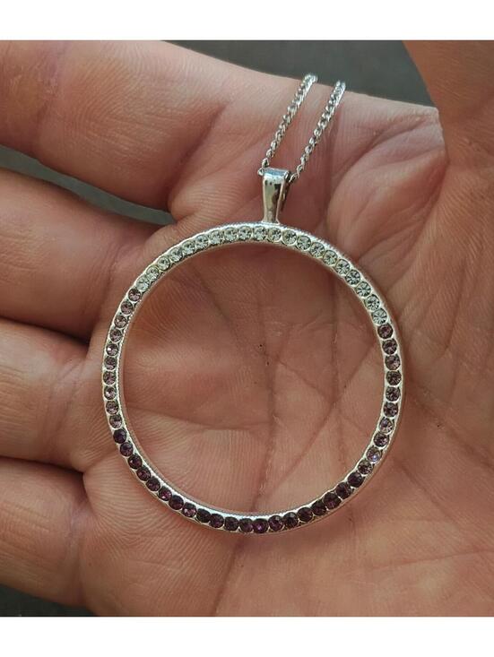 Unique Vintage Jewelry - 80s "Circle of Life" Design With Purple, Pink & Clear Crystals Pendant Necklace